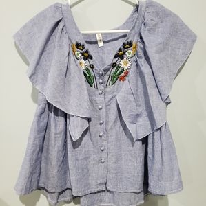 Flower Embroidered Blouse with Butterfly Sleeve